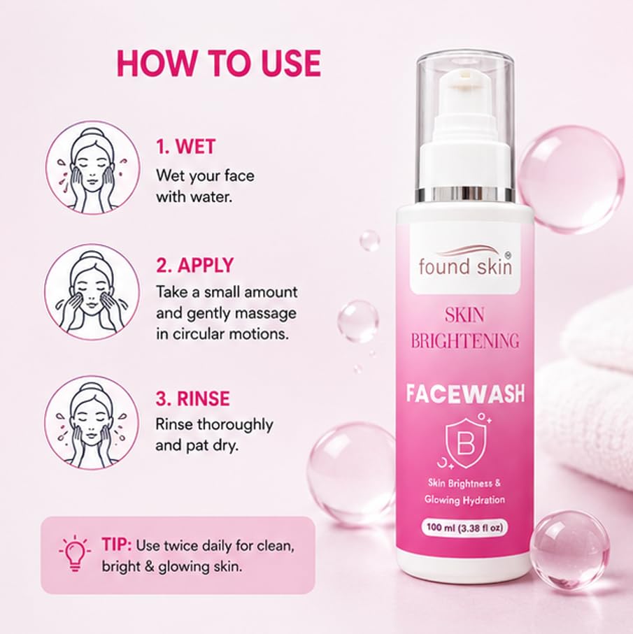 Found Skin Brightening Face Wash for Glowing & Hydrated Skin | Gentle Daily Facial Cleanser for Fresh, Smooth & Radiant Looking Skin for Men & Women 100ml