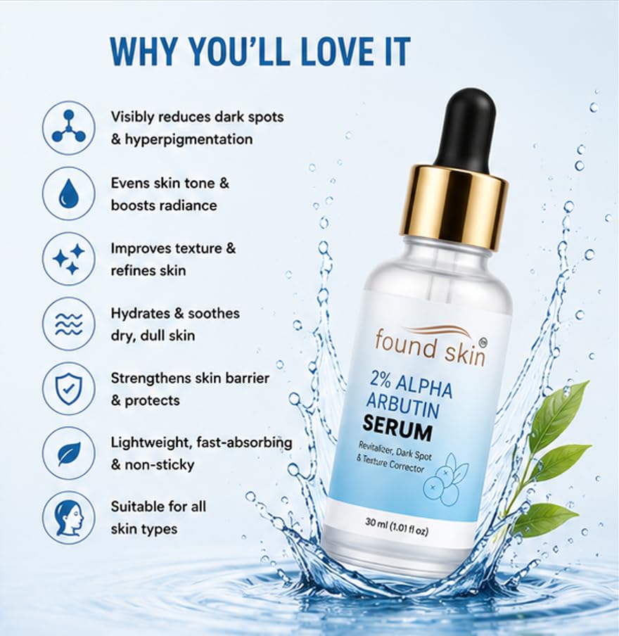 Found Skin 2% Alpha Arbutin Face Serum for Daily Skin Care | Lightweight Formula for Smooth & Even Looking Texture | Suitable for All Skin Types 30ml