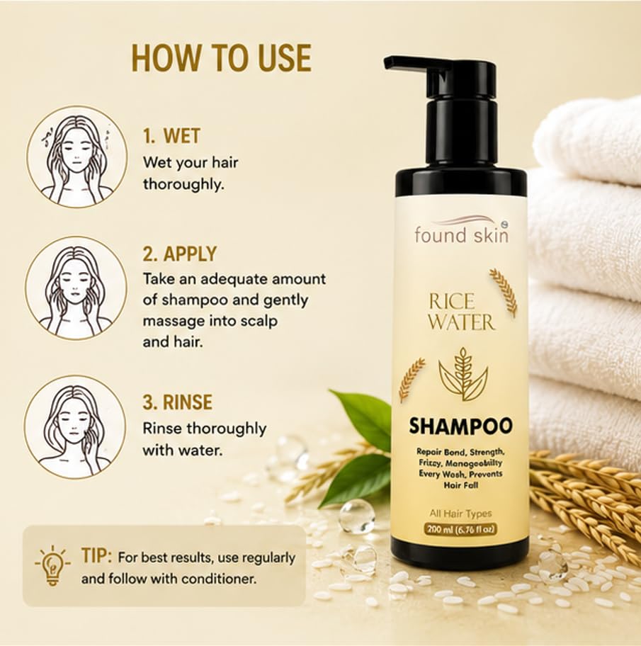 Found Skin Rice Water Shampoo for Hair Strength & Frizz Control | Nourishing Daily Shampoo for Smooth, Manageable & Healthy Looking Hair | All Hair Types 200ml
