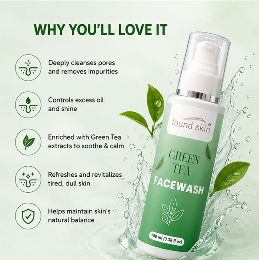 Found Skin Green Tea Face Wash | Deep Pore Cleansing Oil Control Face Cleanser for Acne, Pimples & Dull Skin | Refreshing Daily Facial Cleanser with Green Tea Extract | 100ml