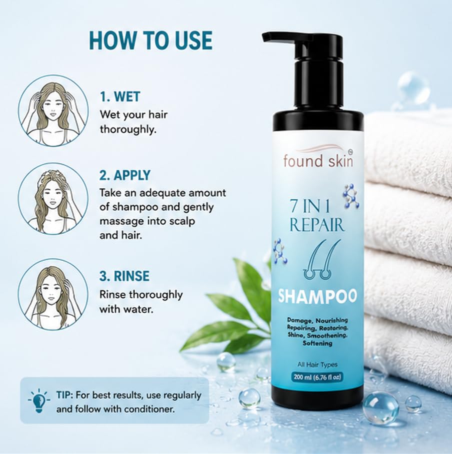 Found Skin 7 in 1 Repair Shampoo for Dry, Damaged & Dull Strands | Nourishing Daily Cleanser for Smooth & Healthy-Looking Hair 200ml
