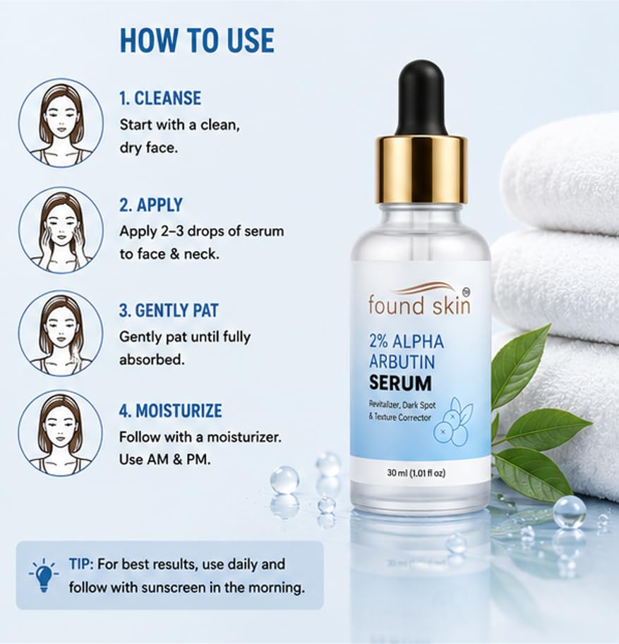 Found Skin 2% Alpha Arbutin Face Serum for Daily Skin Care | Lightweight Formula for Smooth & Even Looking Texture | Suitable for All Skin Types 30ml