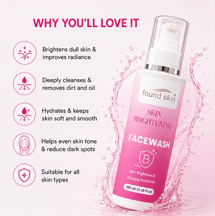 Found Skin Brightening Face Wash for Glowing & Hydrated Skin | Gentle Daily Facial Cleanser for Fresh, Smooth & Radiant Looking Skin for Men & Women 100ml