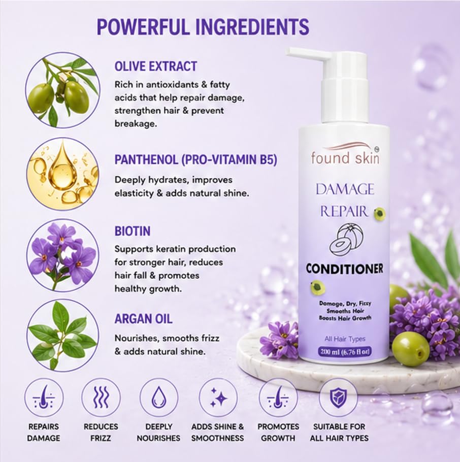 Found Skin Damage Repair Formula Nourishing Daily Conditioner for Dry, Frizzy & Weak Strands for Smooth & Manageable Hair 200ml