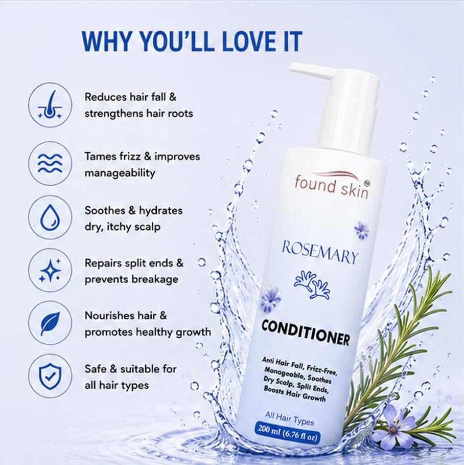 Found Skin Rosemary Nourishing Conditioner for Dry Scalp & Frizz Control | Smooth & Manageable Daily Use for All Hair Types 200ml
