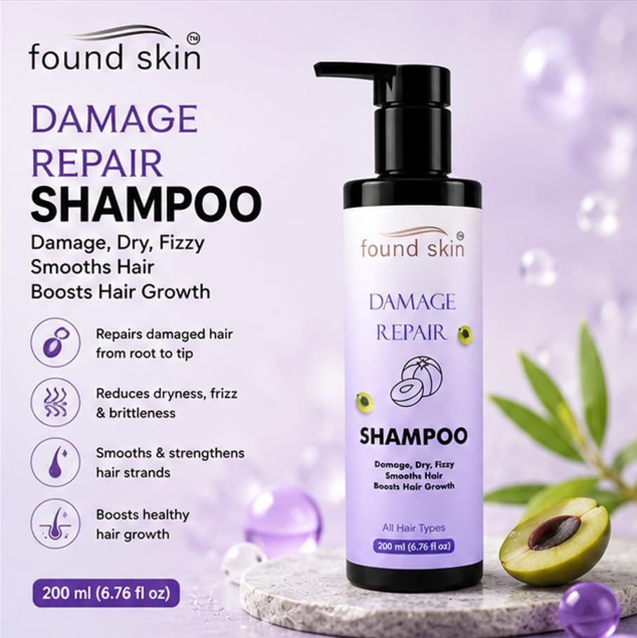 Found Skin Damage Repair Shampoo for Dry, Frizzy and Damaged Hair, Smooth and Nourishing Daily Cleanser, All Hair Types, 200ml