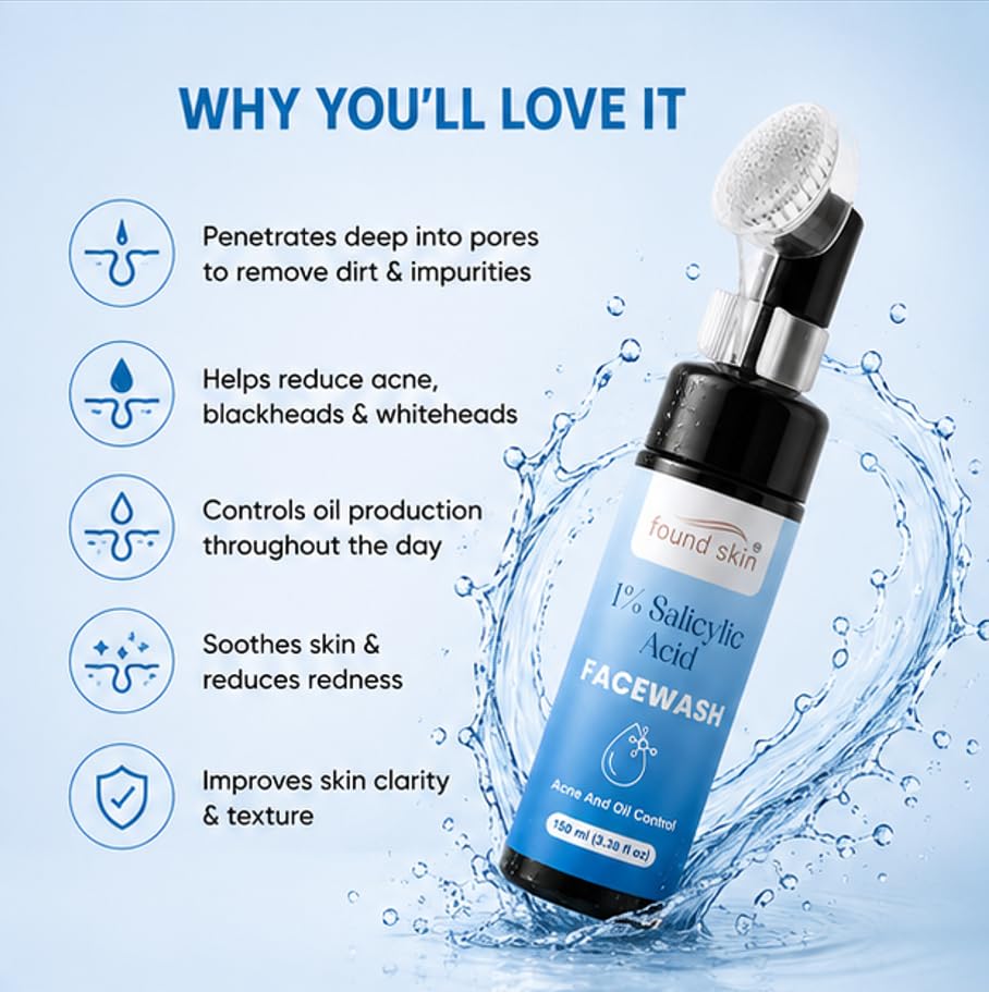 Found Skin 1% Salicylic Acid Face Wash for Acne & Oil Control | Deep Cleansing Daily Face Cleanser for Oily & Acne Prone Skin | Gentle Exfoliating Facewash 150ml