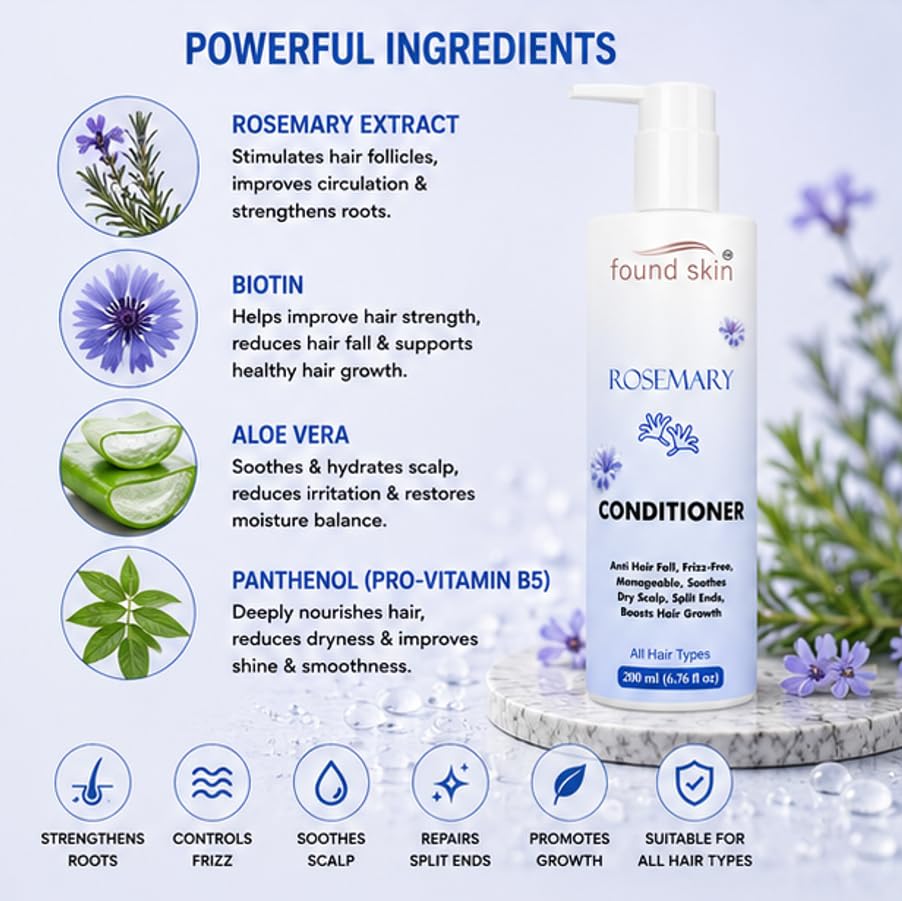Found Skin Rosemary Nourishing Conditioner for Dry Scalp & Frizz Control | Smooth & Manageable Daily Use for All Hair Types 200ml