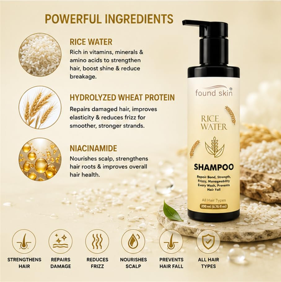 Found Skin Rice Water Shampoo for Hair Strength & Frizz Control | Nourishing Daily Shampoo for Smooth, Manageable & Healthy Looking Hair | All Hair Types 200ml