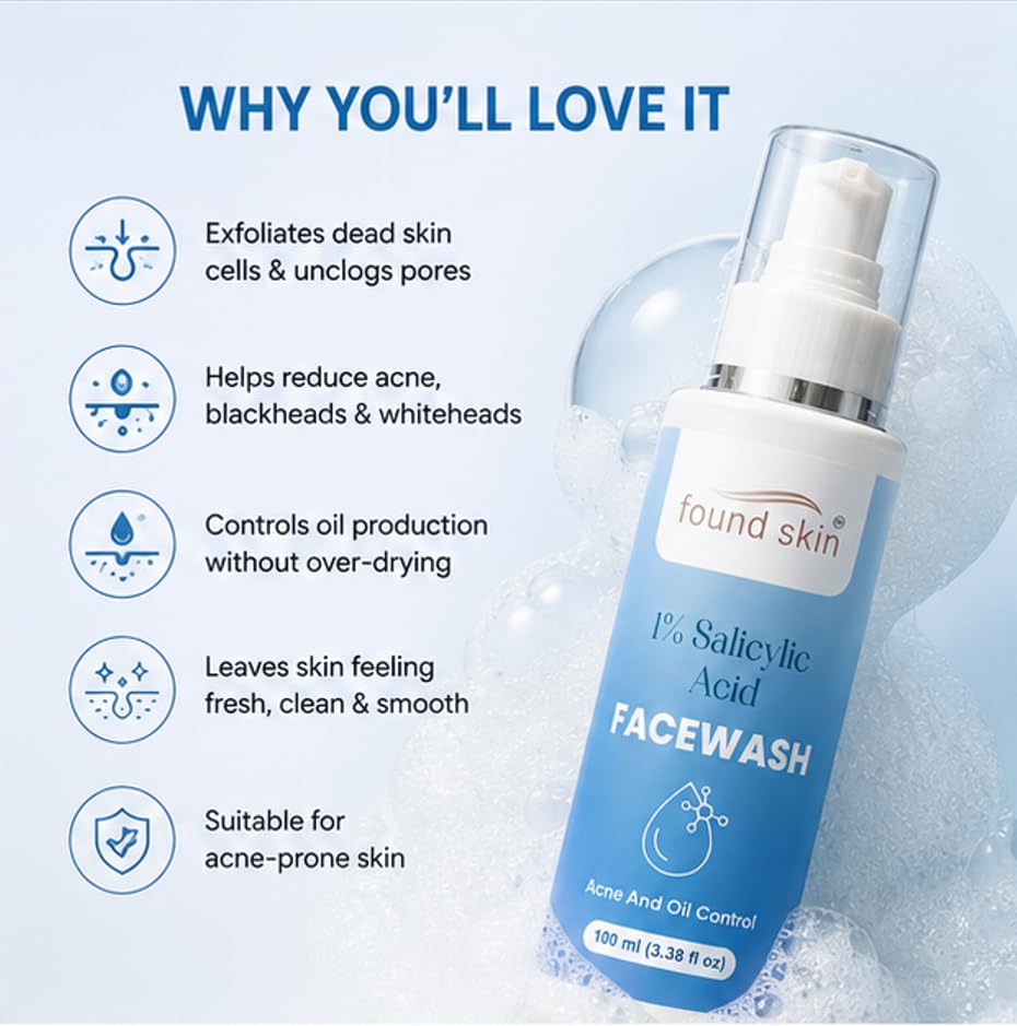 Found Skin 1% Salicylic Acid Face Wash for Acne & Oil Control, Deep Cleansing Daily Cleanser for Oily & Acne Prone Skin, 100ml