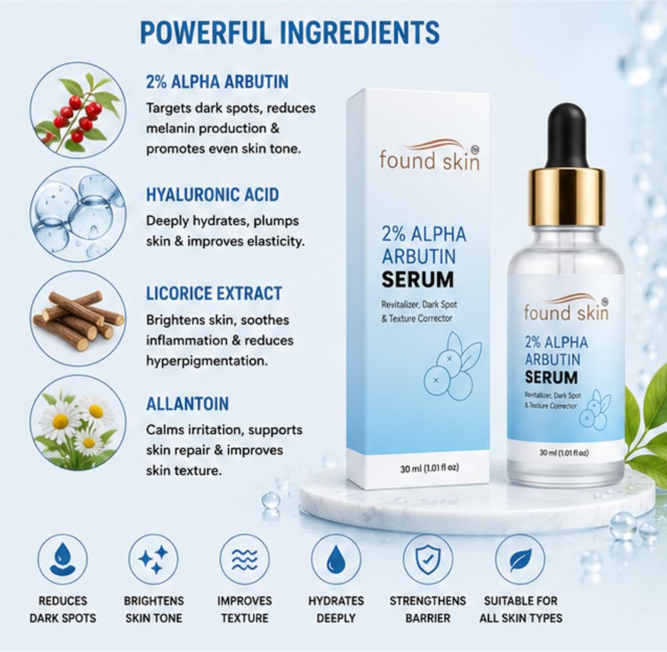 Found Skin 2% Alpha Arbutin Face Serum for Daily Skin Care | Lightweight Formula for Smooth & Even Looking Texture | Suitable for All Skin Types 30ml