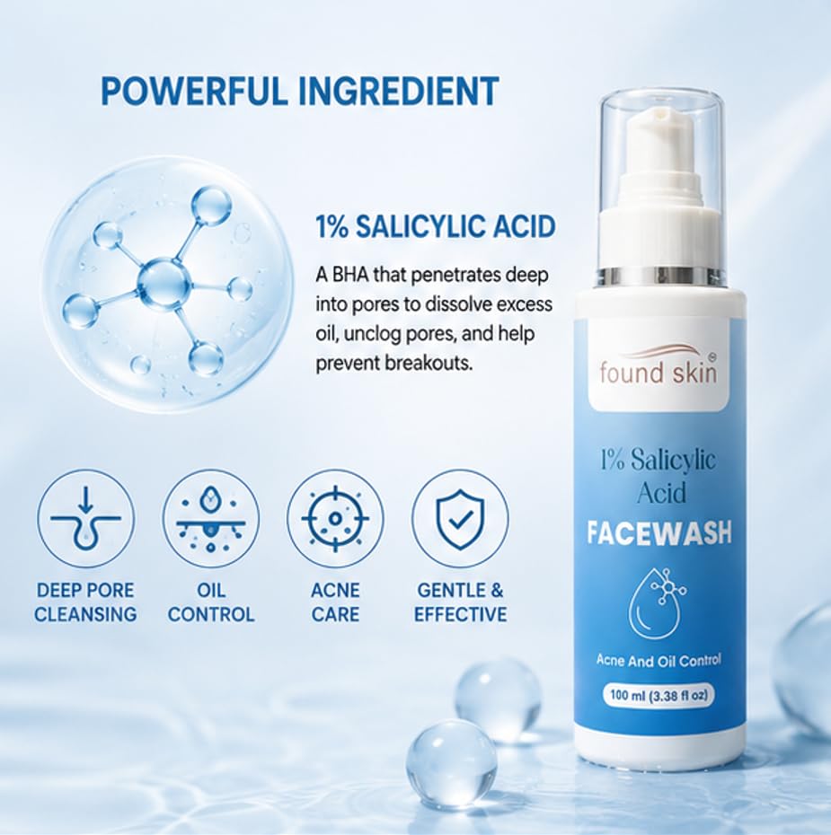 Found Skin 1% Salicylic Acid Face Wash for Acne & Oil Control, Deep Cleansing Daily Cleanser for Oily & Acne Prone Skin, 100ml