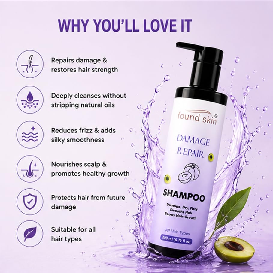 Found Skin Damage Repair Shampoo for Dry, Frizzy and Damaged Hair, Smooth and Nourishing Daily Cleanser, All Hair Types, 200ml