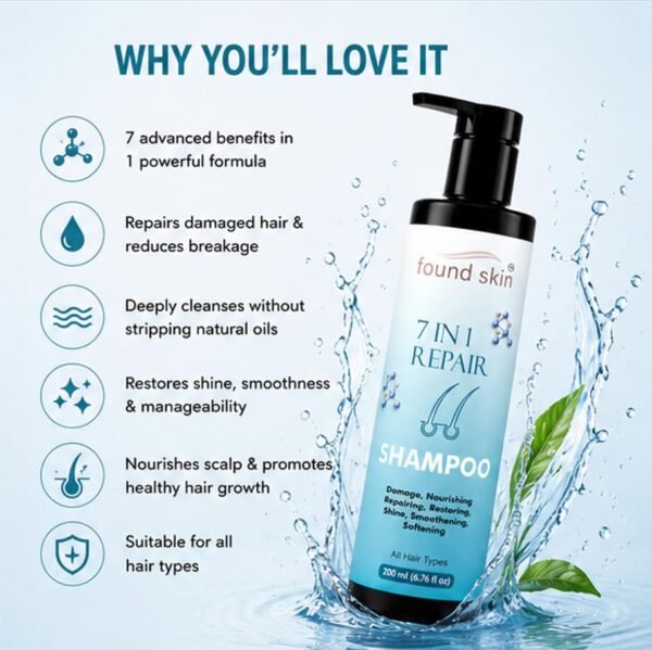 7 in 1 Repair Shampoo for Dry, Damaged & Dull Strands -3 Found Skin 7 in 1 Repair Shampoo for Dry, Damaged & Dull Strands | Nourishing Daily Cleanser for Smooth & Healthy-Looking Hair 200ml