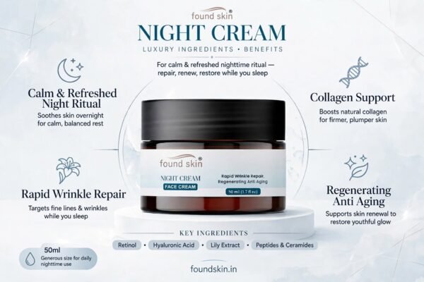 790792122_1090628750071758_7073470787614513649_n Found Skin Night Cream for Skin Brightening & Rejuvenation | Oil-Free Hydration Moisturizer | Overnight Repair Cream for All Skin Types | 50 ml