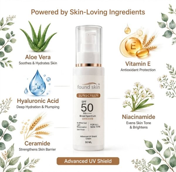 793380431_3449058918596521_8635962178012322225_n.webp Found skin Sunscreen SPF 50 PA++++ Broad Spectrum, No White Cast, Deep Moisturisation, Matte Finish, for All Skin Types (50 GM)