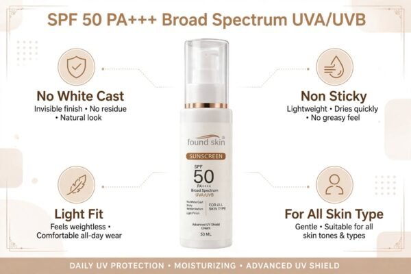 793518539_1567980148676018_3048308986512837256_n.webp Found skin Sunscreen SPF 50 PA++++ Broad Spectrum, No White Cast, Deep Moisturisation, Matte Finish, for All Skin Types (50 GM)