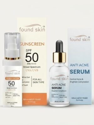 Found Skin Anti-Acne Serum 30ml + Sunscreen SPF 50 (50g) Combo | Acne Care & Daily Sun Protection | Broad Spectrum UVA/UVB