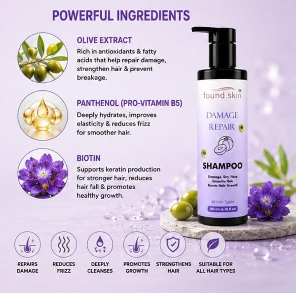 Damage Repair Shampoo for Dry, Frizzy and Damaged Hair -4 Found Skin Damage Repair Shampoo for Dry, Frizzy and Damaged Hair, Smooth and Nourishing Daily Cleanser, All Hair Types, 200ml