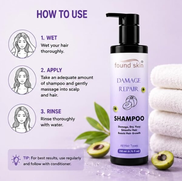 Damage Repair Shampoo for Dry, Frizzy and Damaged Hair -5 Found Skin Damage Repair Shampoo for Dry, Frizzy and Damaged Hair, Smooth and Nourishing Daily Cleanser, All Hair Types, 200ml
