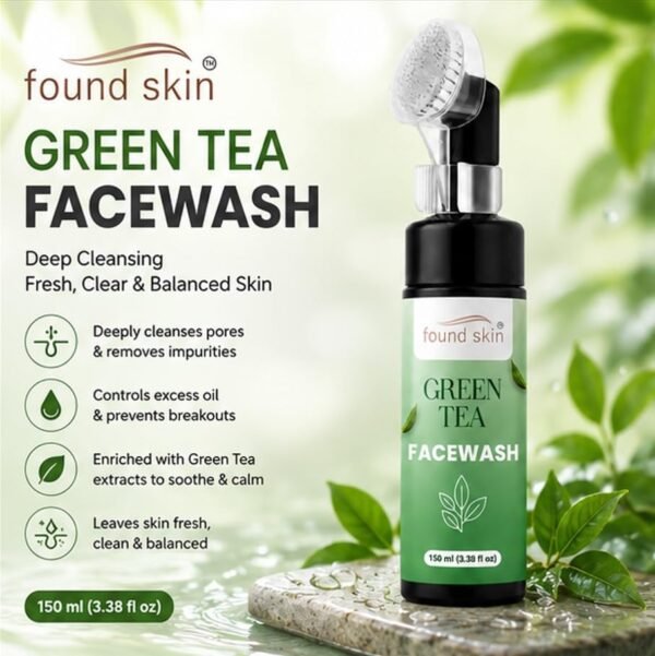 Green Tea Face Wash with Built-in Silicone Brush -2 Found Skin Green Tea Face Wash with Built-in Silicone Brush | Deep Cleansing Oil Control Face Cleanser for Acne, Blackheads & Pimples | Hydrating & Refreshing Skincare for Oily Skin | 150ml