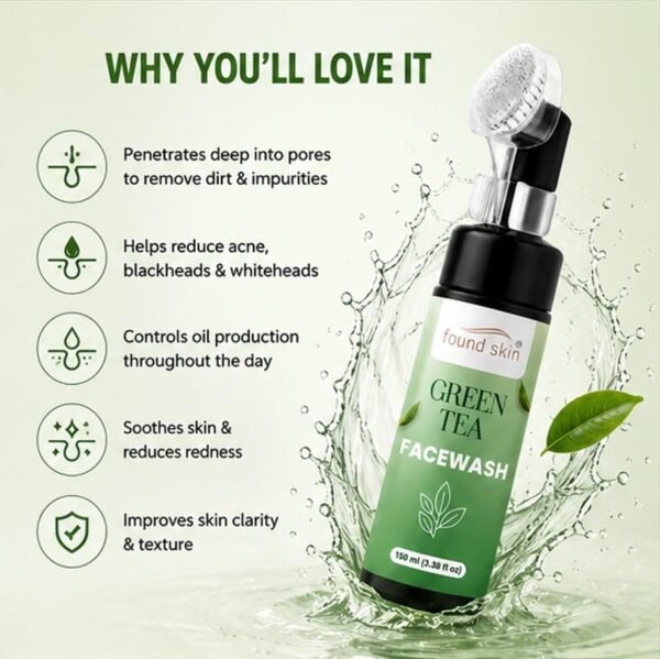 Green Tea Face Wash with Built-in Silicone Brush -3 Found Skin Green Tea Face Wash with Built-in Silicone Brush | Deep Cleansing Oil Control Face Cleanser for Acne, Blackheads & Pimples | Hydrating & Refreshing Skincare for Oily Skin | 150ml