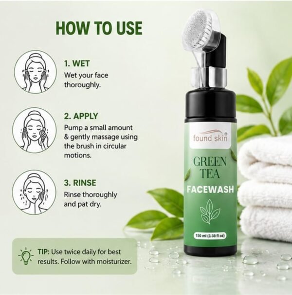 Green Tea Face Wash with Built-in Silicone Brush -4 Found Skin Green Tea Face Wash with Built-in Silicone Brush | Deep Cleansing Oil Control Face Cleanser for Acne, Blackheads & Pimples | Hydrating & Refreshing Skincare for Oily Skin | 150ml