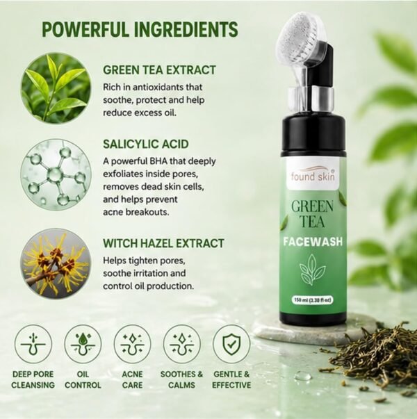 Green Tea Face Wash with Built-in Silicone Brush -5 Found Skin Green Tea Face Wash with Built-in Silicone Brush | Deep Cleansing Oil Control Face Cleanser for Acne, Blackheads & Pimples | Hydrating & Refreshing Skincare for Oily Skin | 150ml