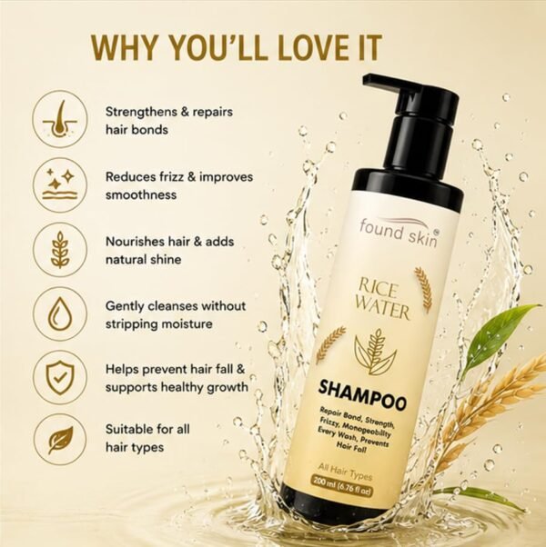 Rice Water Shampoo for Hair -3 Found Skin Rice Water Shampoo for Hair Strength & Frizz Control | Nourishing Daily Shampoo for Smooth, Manageable & Healthy Looking Hair | All Hair Types 200ml