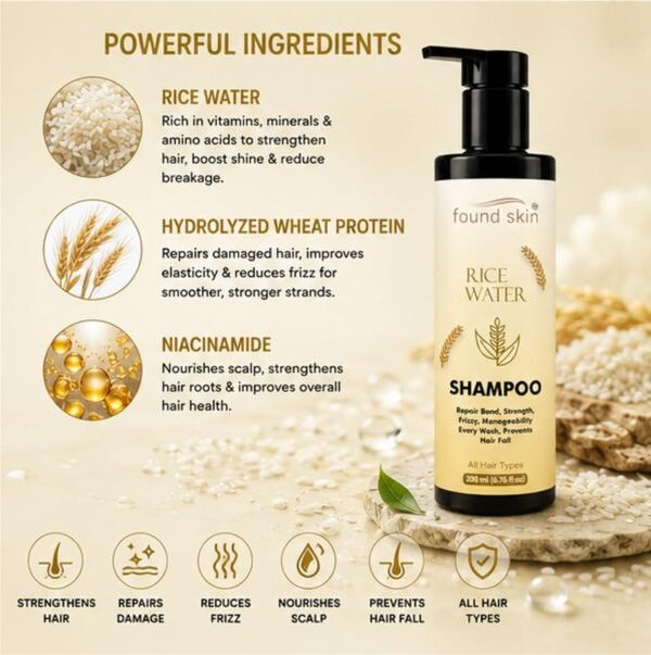 Rice Water Shampoo for Hair -4 Found Skin Rice Water Shampoo for Hair Strength & Frizz Control | Nourishing Daily Shampoo for Smooth, Manageable & Healthy Looking Hair | All Hair Types 200ml