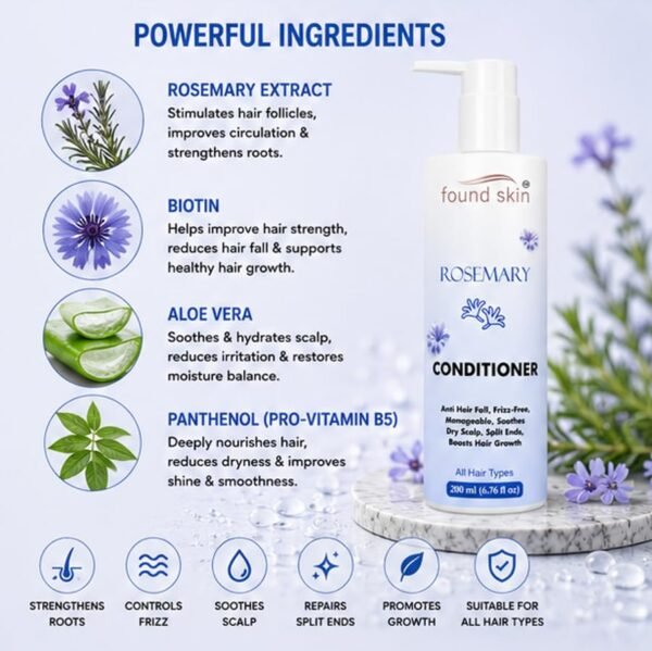 Found Skin Rosemary Nourishing Conditioner for Dry Scalp & Frizz Control | Smooth & Manageable Daily Use for All Hair Types 200ml