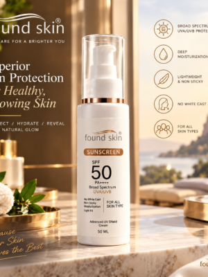 Found skin Sunscreen SPF 50 PA++++ Broad Spectrum, No White Cast, Deep Moisturisation, Matte Finish, for All Skin Types (50 GM)
